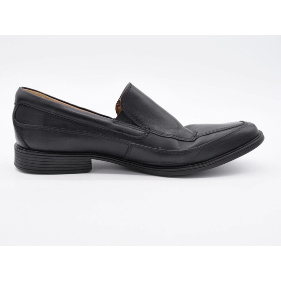 Clarks Shoes Mens 10.5 Black Leather Loafers Apron Toe Slip On Comfort Cushioned - Picture 3 of 10